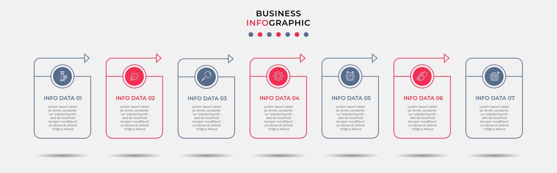 Business Infographic design template Vector with icons and 7 options or steps. Can be used for process diagram, presentations, workflow layout, banner, flow chart, info graph