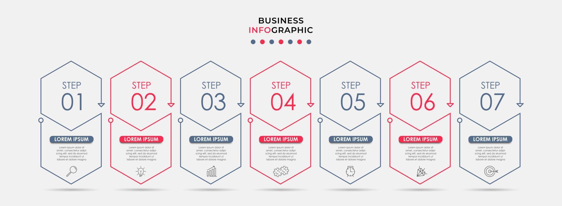 Business Infographic design template Vector with icons and 7 options or steps. Can be used for process diagram, presentations, workflow layout, banner, flow chart, info graph