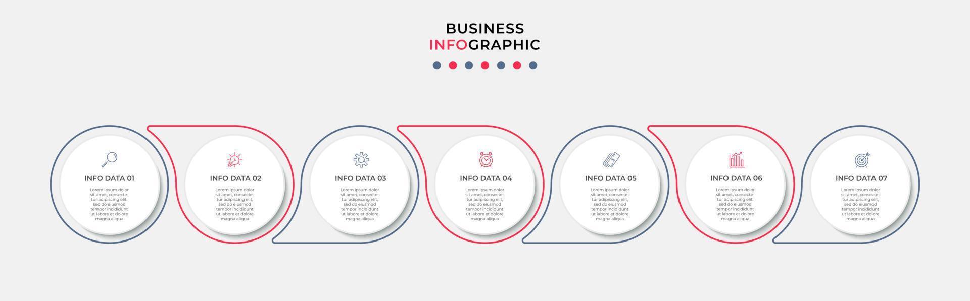 Business Infographic design template Vector with icons and 7 options or steps. Can be used for process diagram, presentations, workflow layout, banner, flow chart, info graph