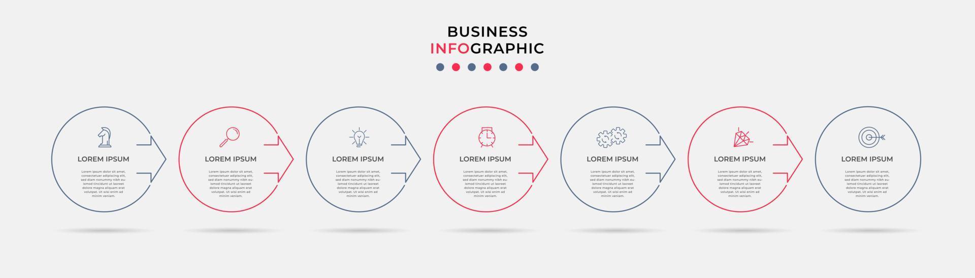 vector de plantilla de diseño infográfico empresarial con iconos y 7 opciones o pasos. se puede utilizar para diagramas de proceso, presentaciones, diseño de flujo de trabajo, pancarta, diagrama de flujo, gráfico de información