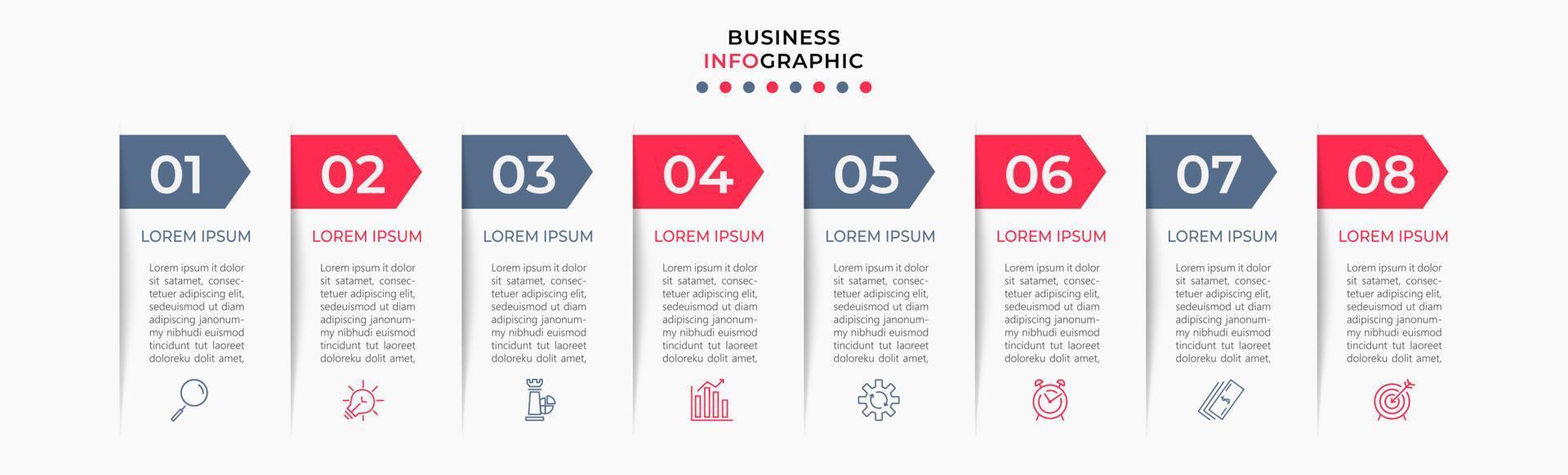 Vector Infographic design business template with icons and 8 options or steps. Can be used for process diagram, presentations, workflow layout, banner, flow chart, info graph