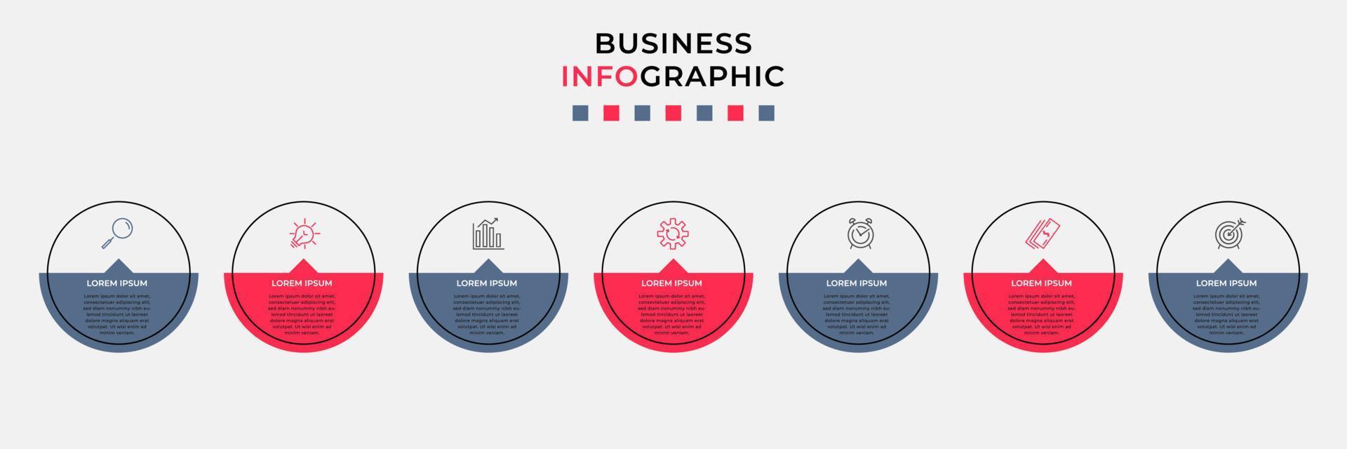 Business Infographic design template Vector with icons and 7 options or steps. Can be used for process diagram, presentations, workflow layout, banner, flow chart, info graph