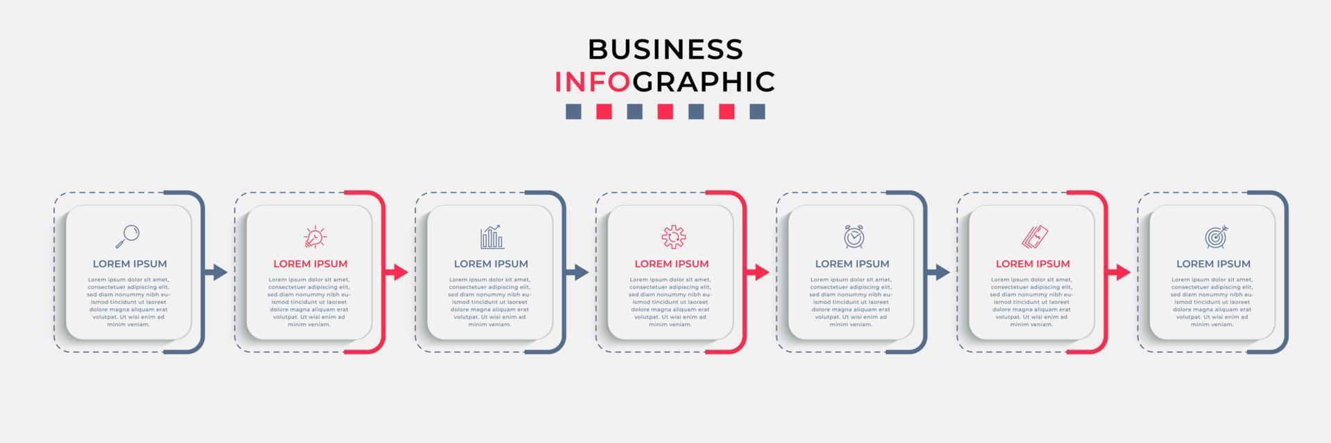 Business Infographic design template Vector with icons and 7 options or steps. Can be used for process diagram, presentations, workflow layout, banner, flow chart, info graph