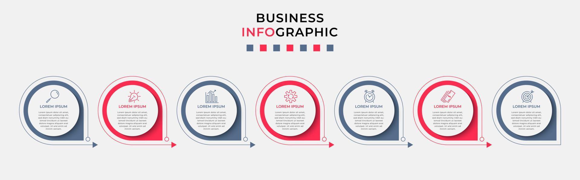 Business Infographic design template Vector with icons and 7 options or steps. Can be used for process diagram, presentations, workflow layout, banner, flow chart, info graph