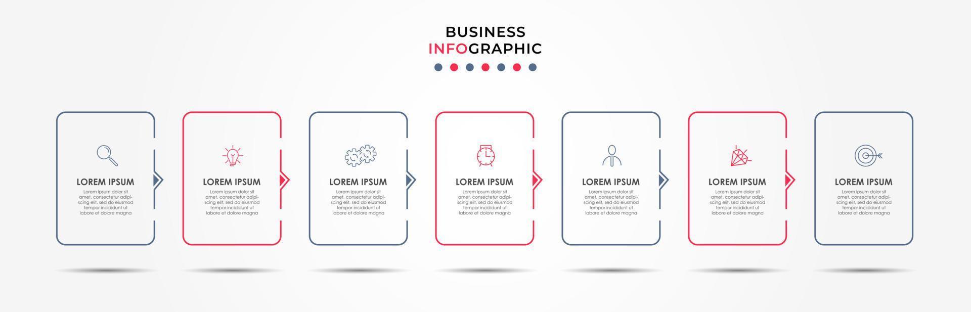 Business Infographic design template Vector with icons and 7 options or steps. Can be used for process diagram, presentations, workflow layout, banner, flow chart, info graph