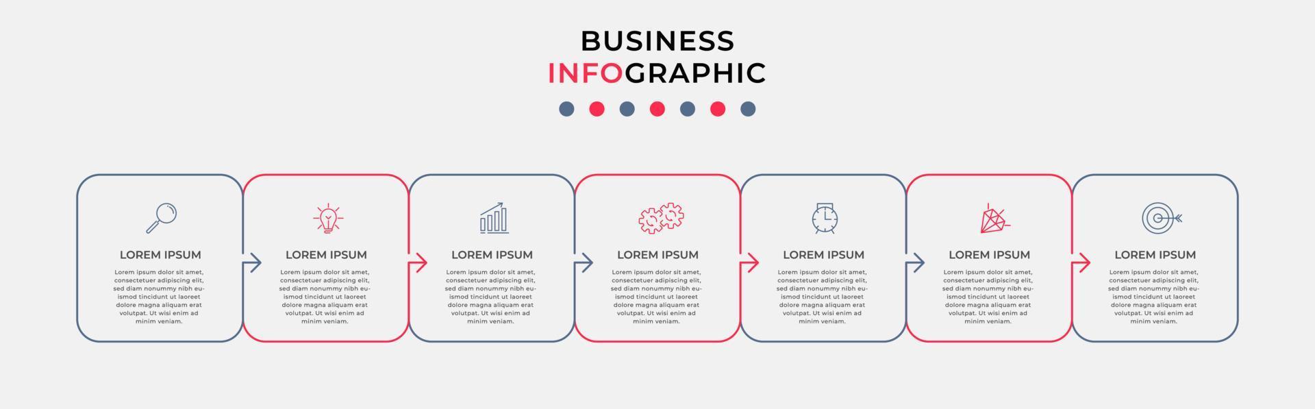 Business Infographic design template Vector with icons and 7 options or steps. Can be used for process diagram, presentations, workflow layout, banner, flow chart, info graph