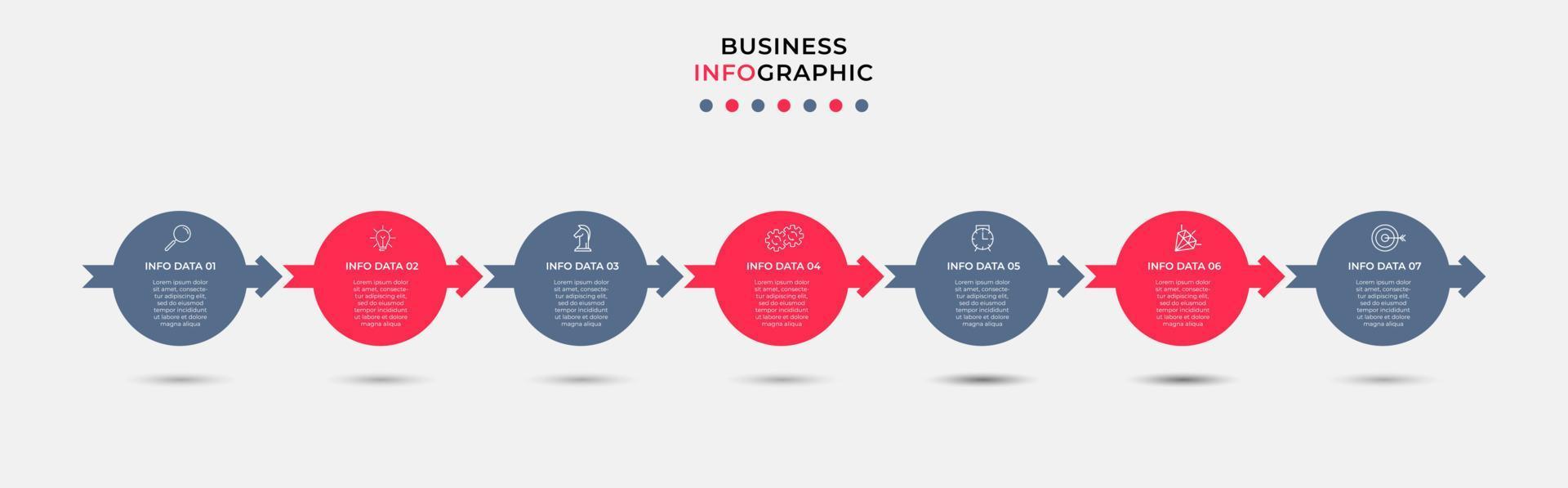 Business Infographic design template Vector with icons and 7 options or steps. Can be used for process diagram, presentations, workflow layout, banner, flow chart, info graph