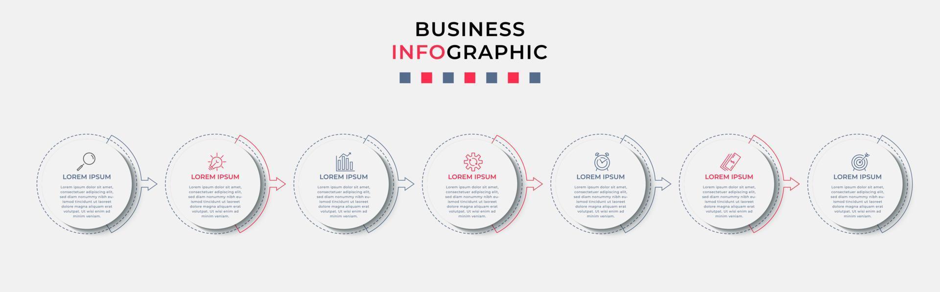 Business Infographic design template Vector with icons and 7 options or steps. Can be used for process diagram, presentations, workflow layout, banner, flow chart, info graph