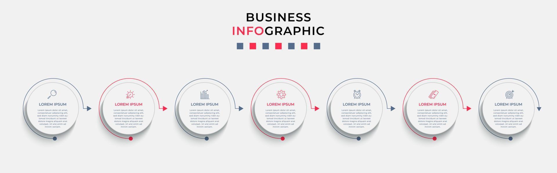 Business Infographic design template Vector with icons and 7 options or steps. Can be used for process diagram, presentations, workflow layout, banner, flow chart, info graph