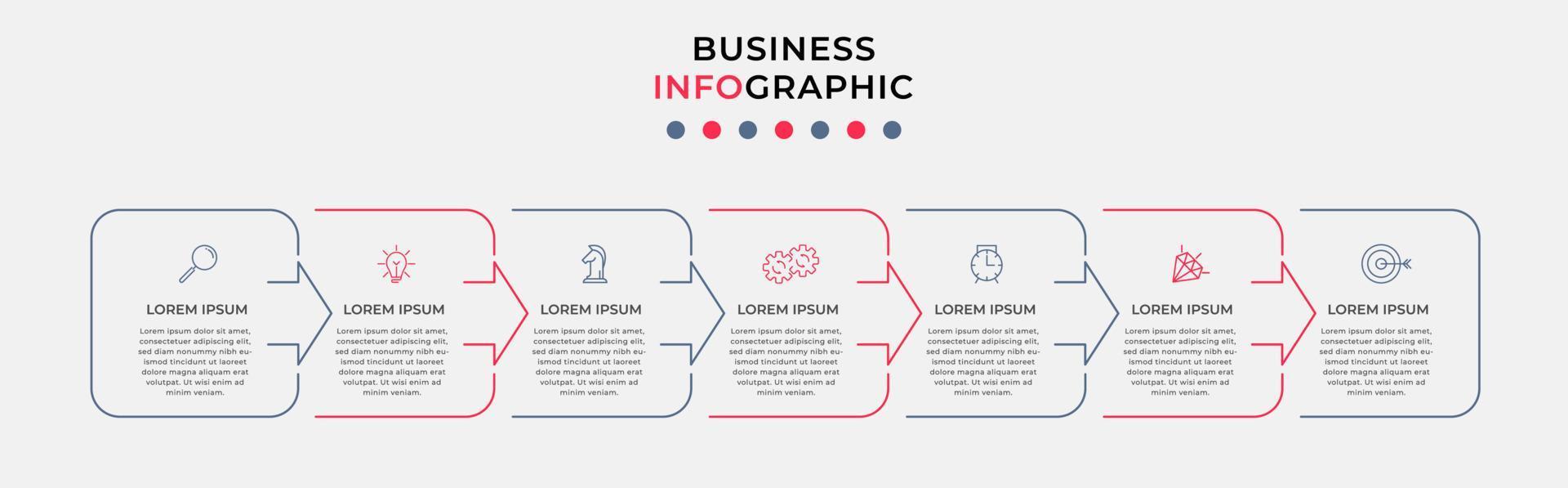 Business Infographic design template Vector with icons and 7 options or steps. Can be used for process diagram, presentations, workflow layout, banner, flow chart, info graph