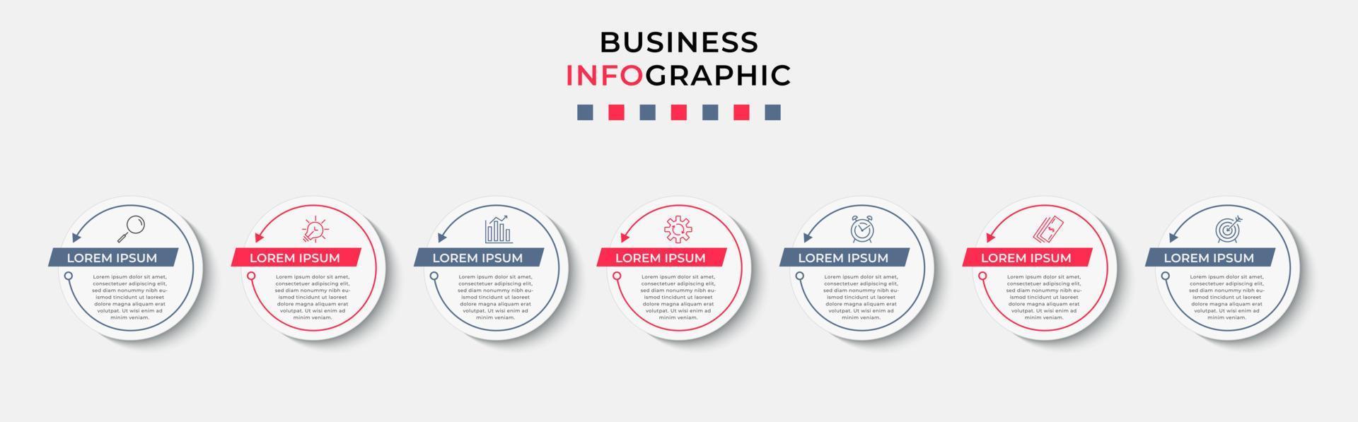 Business Infographic design template Vector with icons and 7 options or steps. Can be used for process diagram, presentations, workflow layout, banner, flow chart, info graph