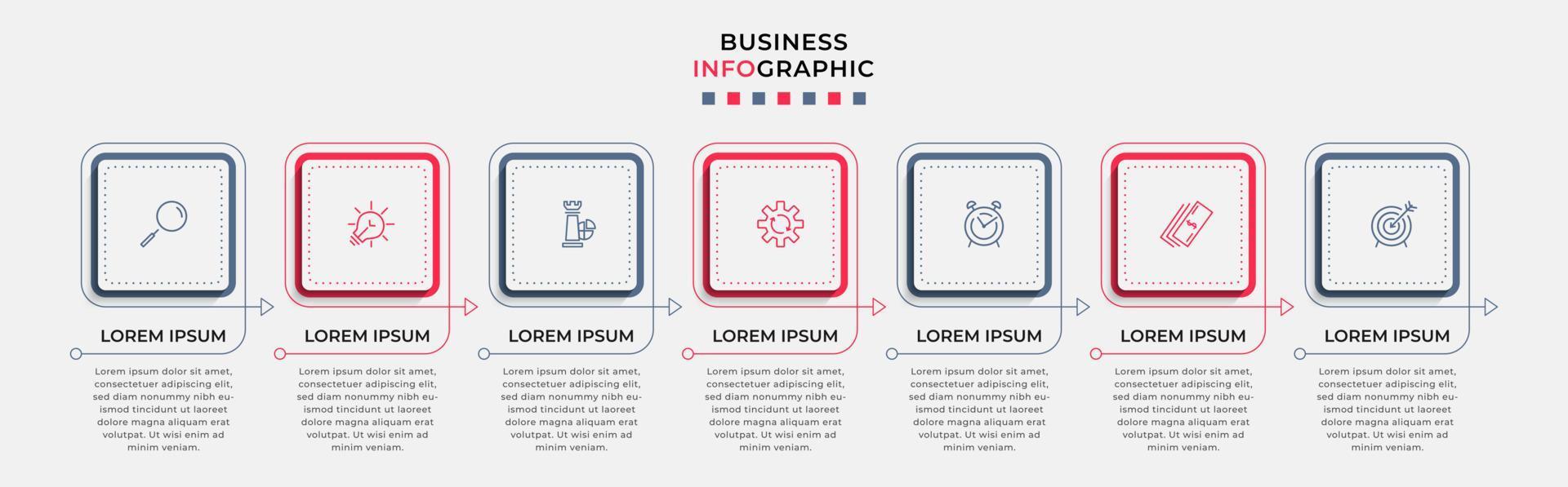 Business Infographic design template Vector with icons and 7 options or steps. Can be used for process diagram, presentations, workflow layout, banner, flow chart, info graph