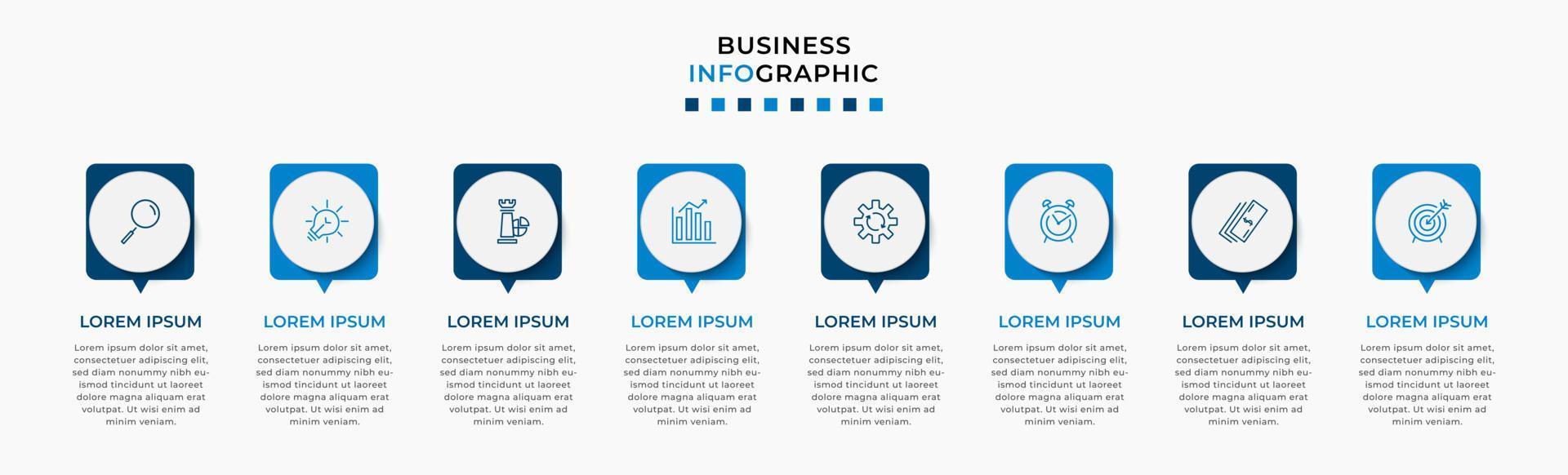 plantilla de negocio de diseño infográfico vectorial con iconos y 8 opciones o pasos. se puede utilizar para diagramas de proceso, presentaciones, diseño de flujo de trabajo, pancarta, diagrama de flujo, gráfico de información vector