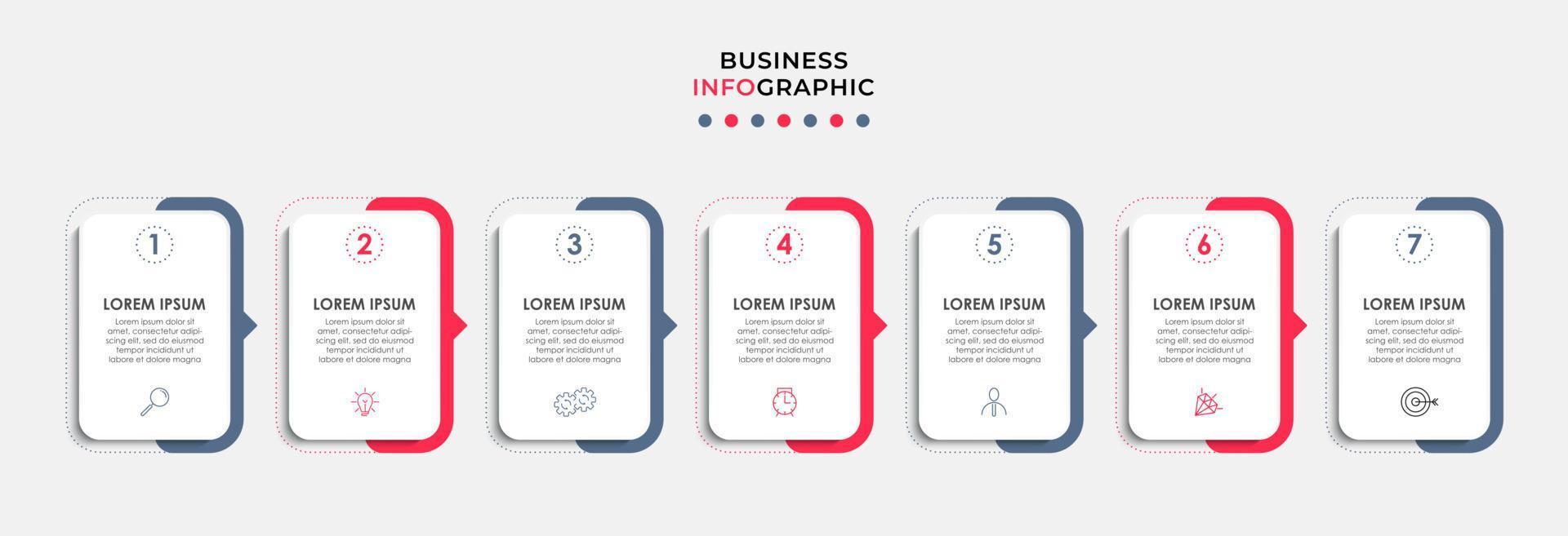 Business Infographic design template Vector with icons and 7 options or steps. Can be used for process diagram, presentations, workflow layout, banner, flow chart, info graph