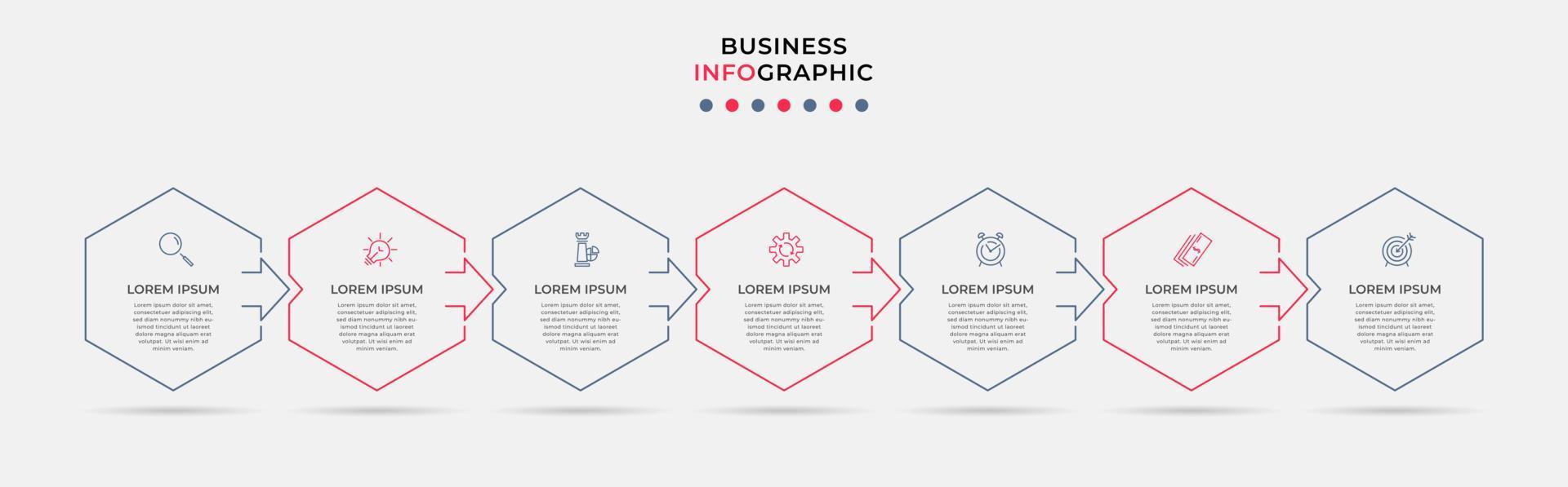 Business Infographic design template Vector with icons and 7 options or steps. Can be used for process diagram, presentations, workflow layout, banner, flow chart, info graph