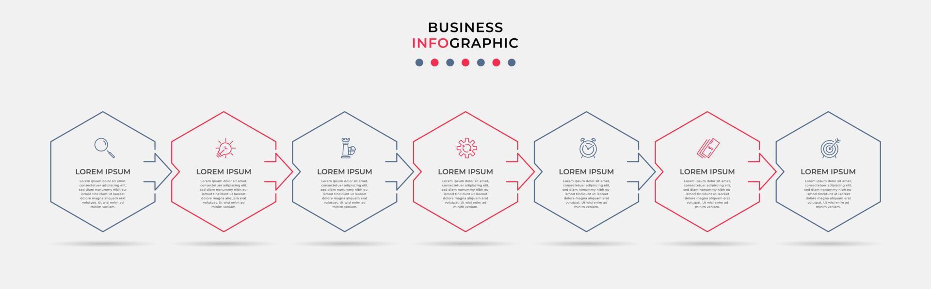 vector de plantilla de diseño infográfico empresarial con iconos y 7 opciones o pasos. se puede utilizar para diagramas de proceso, presentaciones, diseño de flujo de trabajo, pancarta, diagrama de flujo, gráfico de información