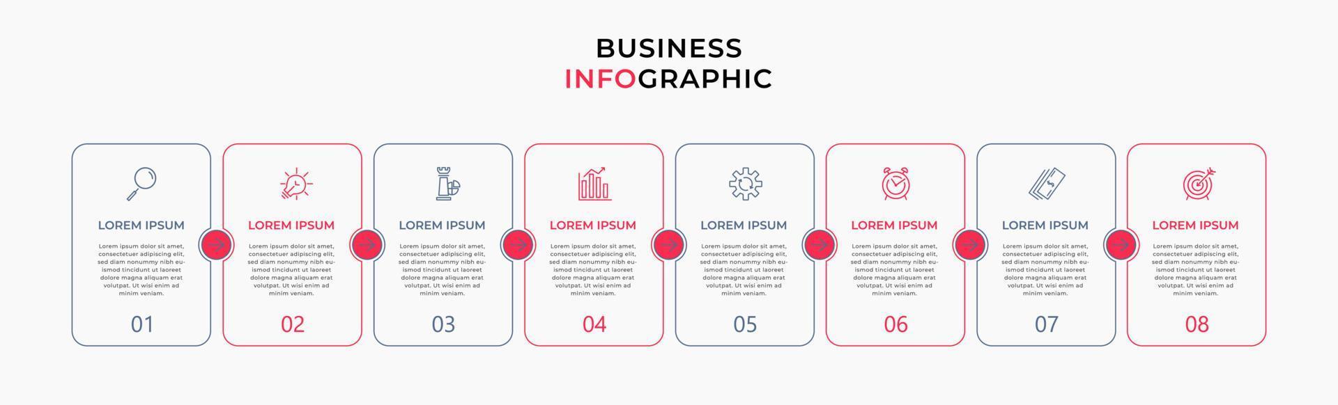 Vector Infographic design business template with icons and 8 options or steps. Can be used for process diagram, presentations, workflow layout, banner, flow chart, info graph