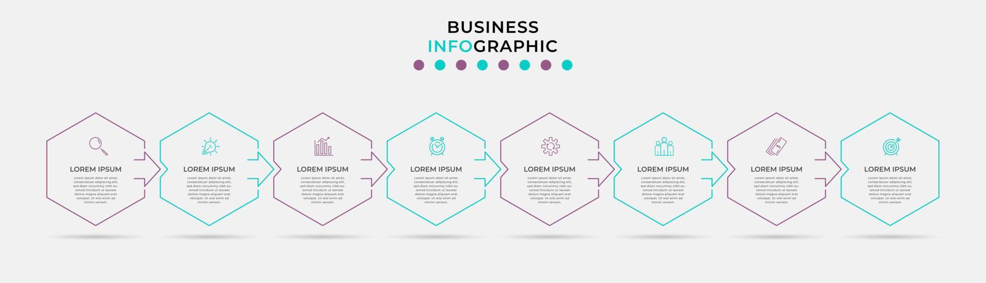 plantilla de negocio de diseño infográfico vectorial con iconos y 8 opciones o pasos. se puede utilizar para diagramas de proceso, presentaciones, diseño de flujo de trabajo, pancarta, diagrama de flujo, gráfico de información vector