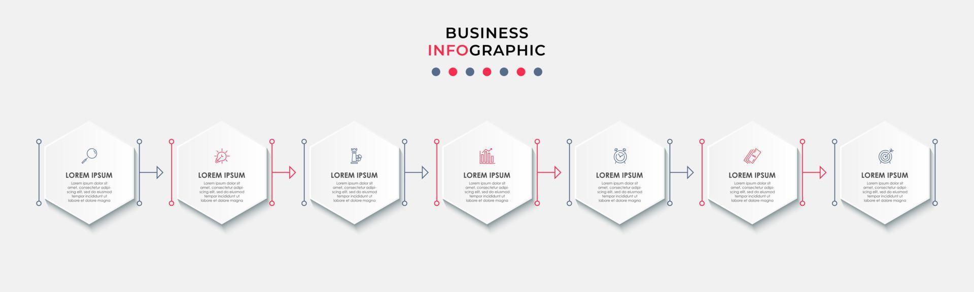 Business Infographic design template Vector with icons and 7 options or steps. Can be used for process diagram, presentations, workflow layout, banner, flow chart, info graph