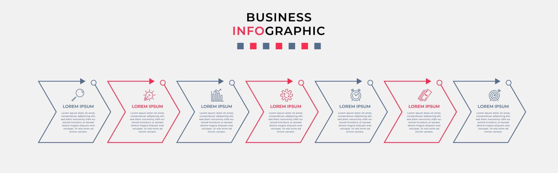 Business Infographic design template Vector with icons and 7 options or steps. Can be used for process diagram, presentations, workflow layout, banner, flow chart, info graph