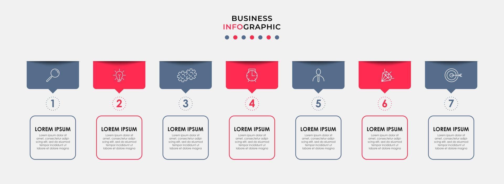 Business Infographic design template Vector with icons and 7 options or steps. Can be used for process diagram, presentations, workflow layout, banner, flow chart, info graph