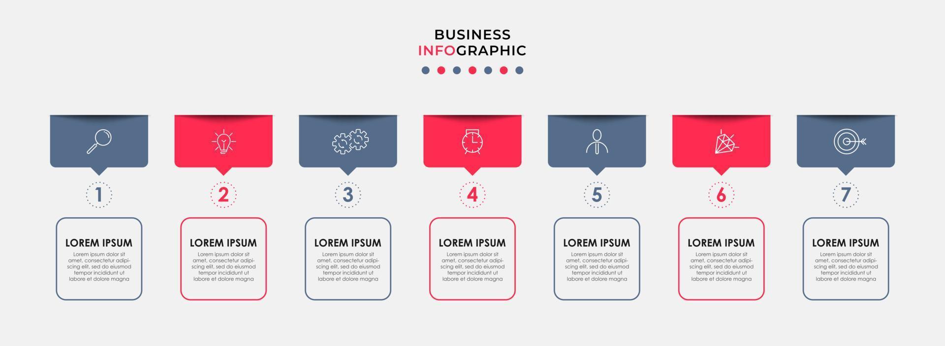 Business Infographic design template Vector with icons and 7 options or steps. Can be used for process diagram, presentations, workflow layout, banner, flow chart, info graph