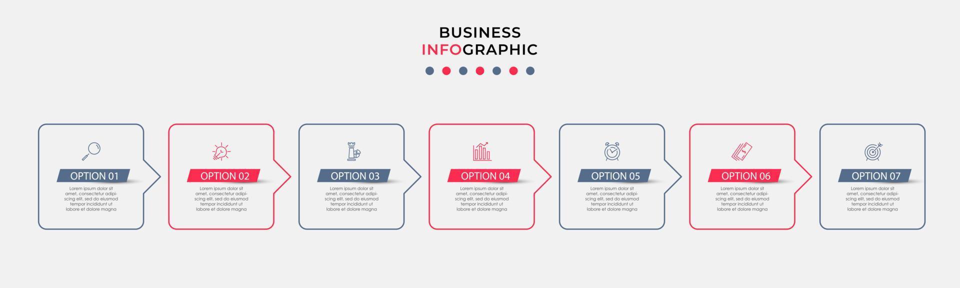 Business Infographic design template Vector with icons and 7 options or steps. Can be used for process diagram, presentations, workflow layout, banner, flow chart, info graph