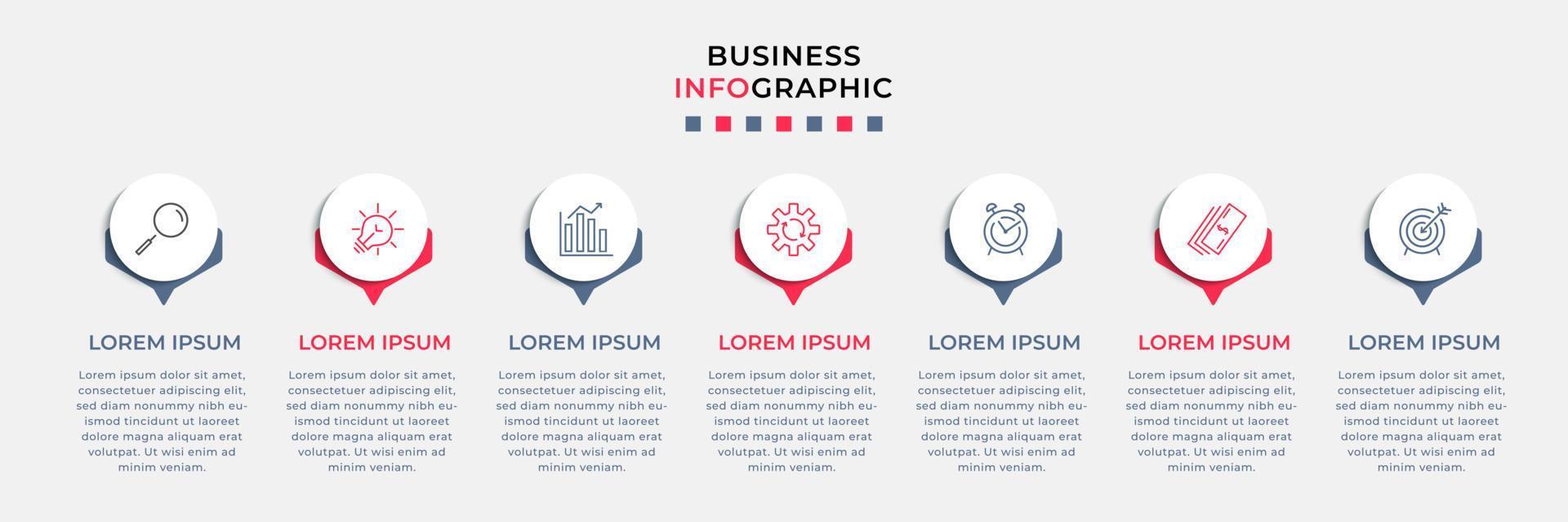 Business Infographic design template Vector with icons and 7 options or steps. Can be used for process diagram, presentations, workflow layout, banner, flow chart, info graph