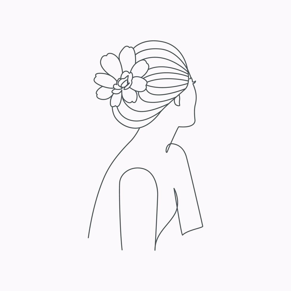 belleza mujer peinado con flor elegante línea arte dibujo ilustración vector