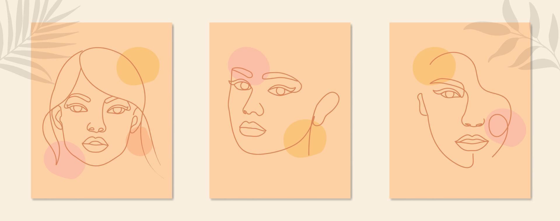 Beauty woman face line drawing poster set collection illustration vector