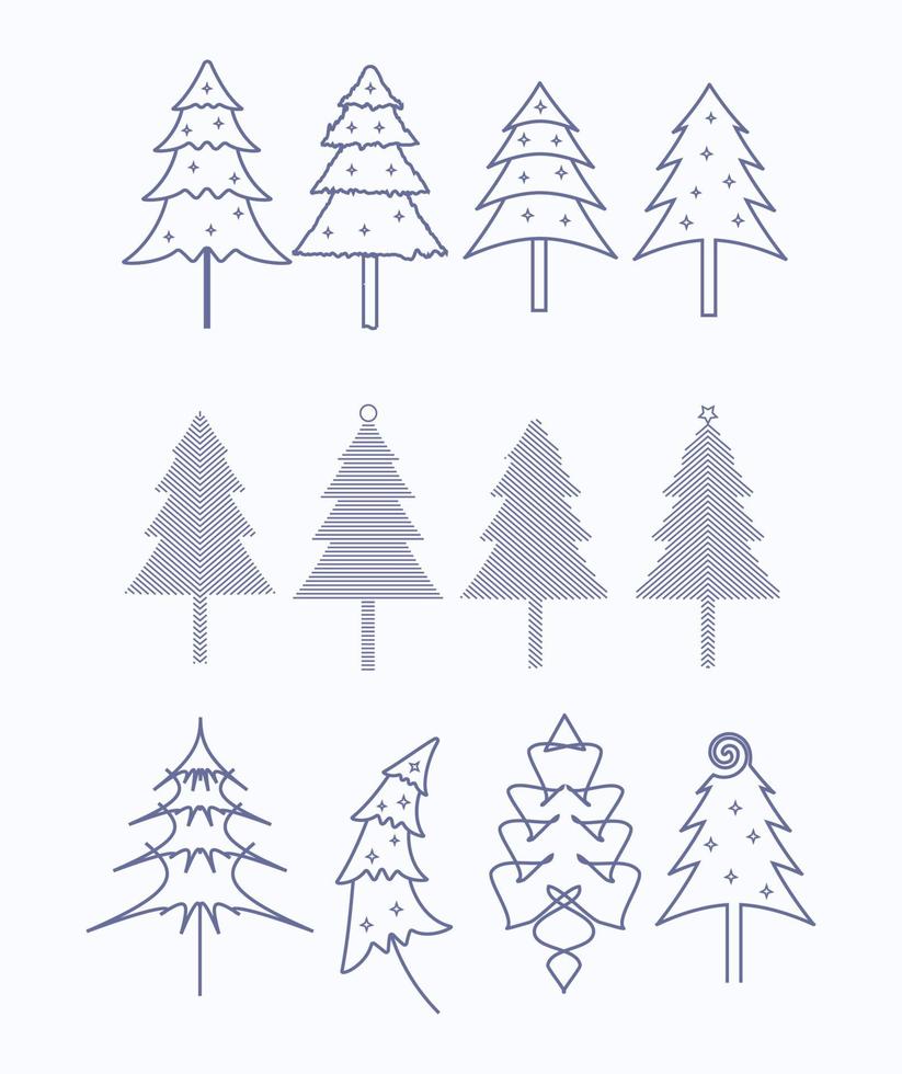 New year charismas tree line art icons set illustration silhouettes line drawing collection illustration vector