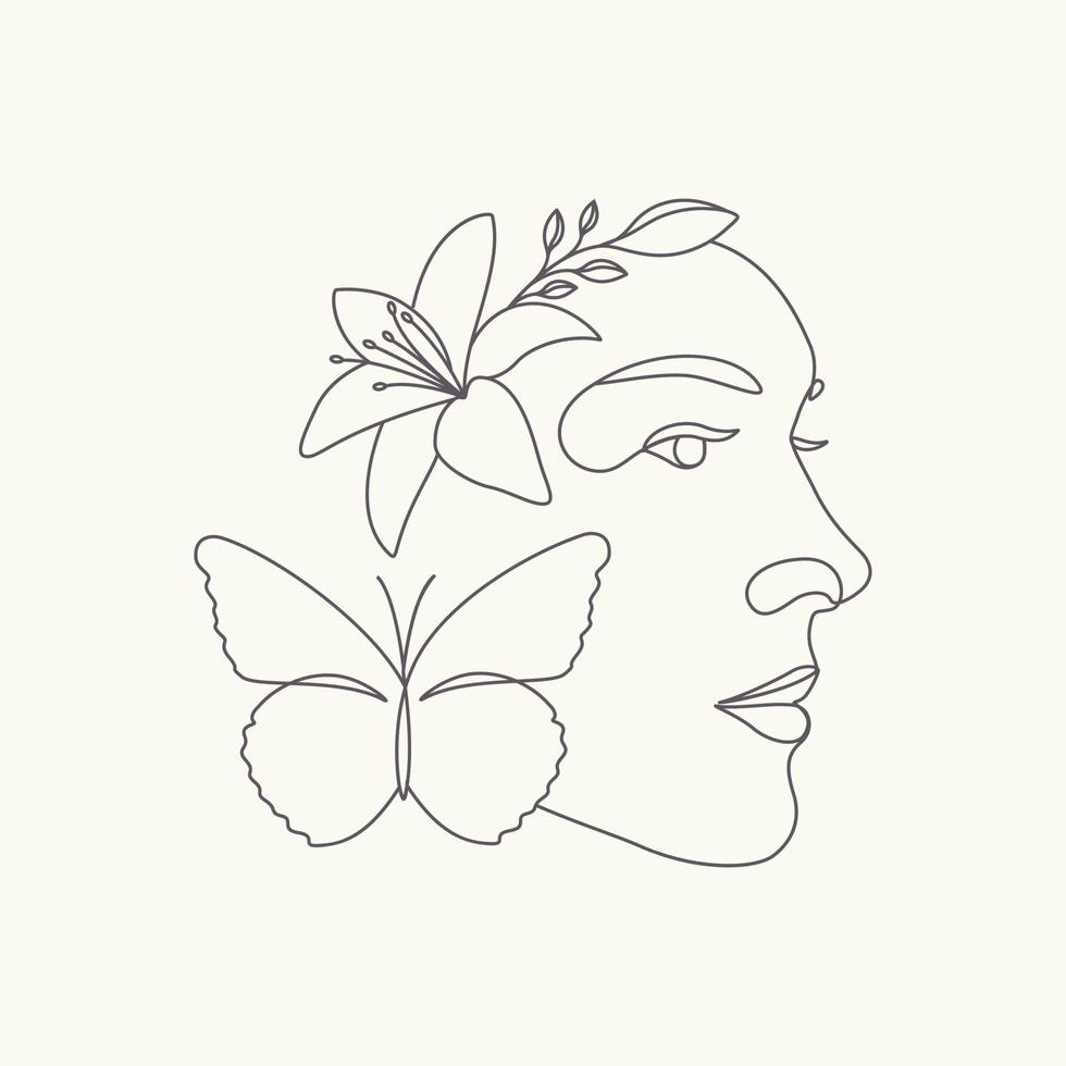 cabeza de mujer dibujada a mano con mariposa y flor cara de belleza ilustración de arte de línea mínima vector