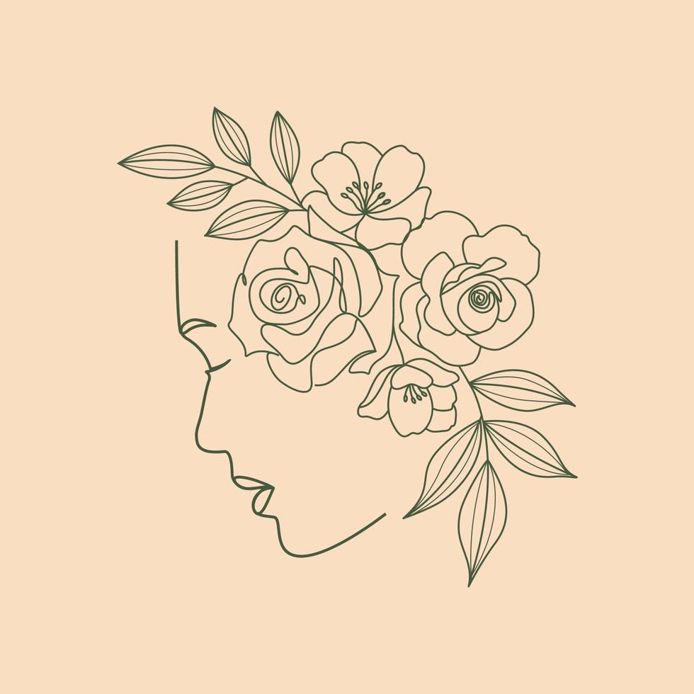 cabeza de mujer con flores dibujadas a mano ilustración de dibujo de arte de línea vector