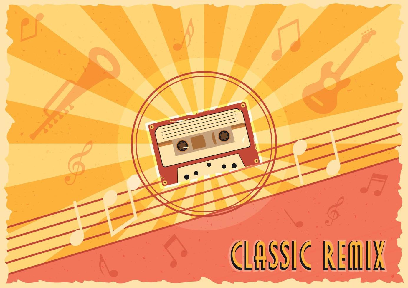 Old Vintage Musical Background. Old Tape, Guitar, Trumpet, Musical Notes Vector Illustration