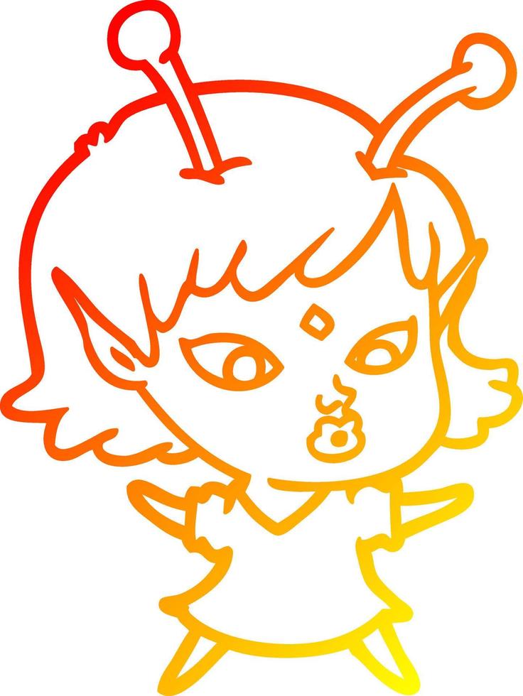 warm gradient line drawing pretty cartoon alien girl vector