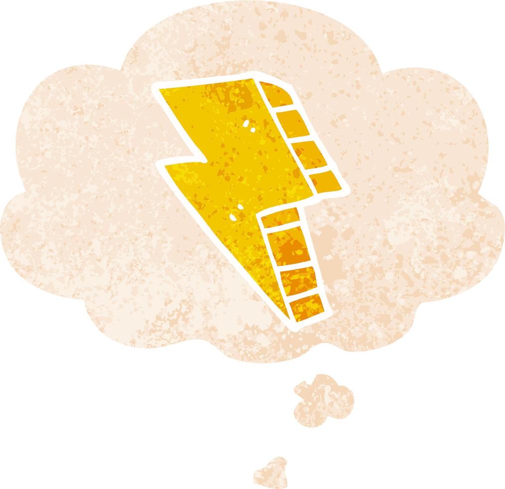 cartoon lightning bolt and thought bubble in retro textured style vector