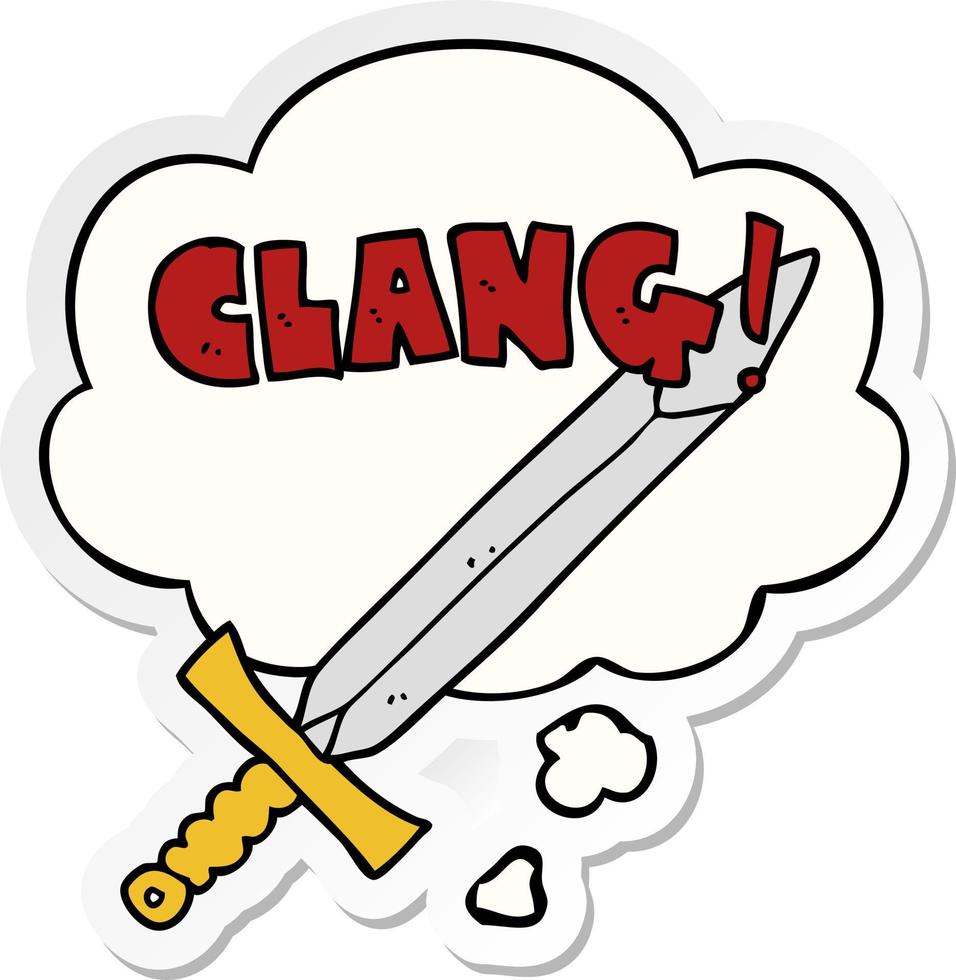 cartoon clanging sword and thought bubble as a printed sticker vector