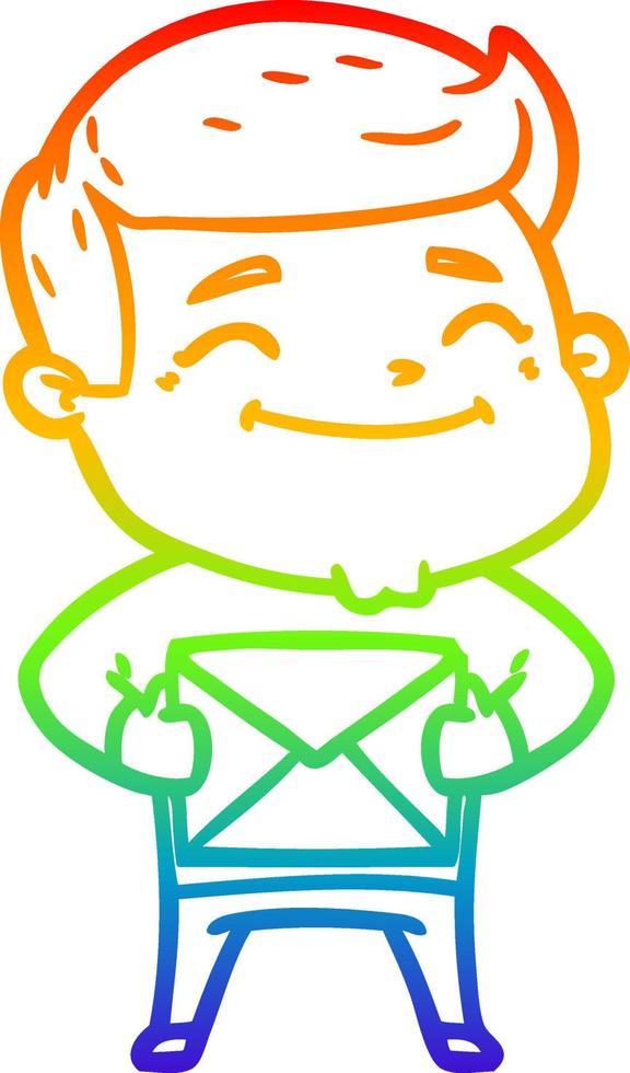 rainbow gradient line drawing happy cartoon man with parcel vector