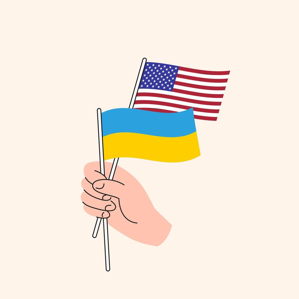 Cartoon Hand Holding United States And Ukrainian Flags. US Ukraine Relationships. Concept of Diplomacy, Politics And Democratic Negotiations. Ukraine as Independent Nation, Flat Design Isolated Vector