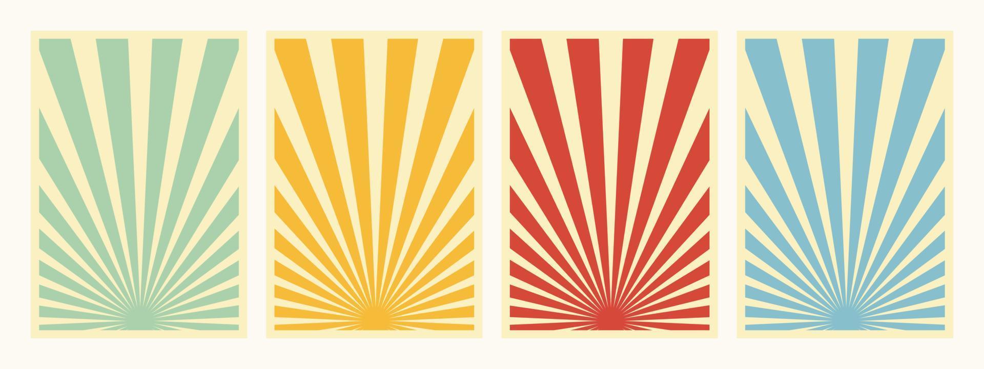 Set of 4, Retro Inspired Vertical Posters, Different Sunburst Promo Propaganda Background Templates. Green, Yellow, Red And Blue Paper Collage Backdrops. vector