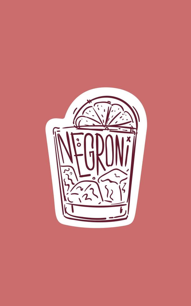 Hand Drawn Glass of Negroni Cocktail. Drawing of a Summer Alcohol Drink on Maroon Background. Speakeasy Classic Bar Cocktails. vector