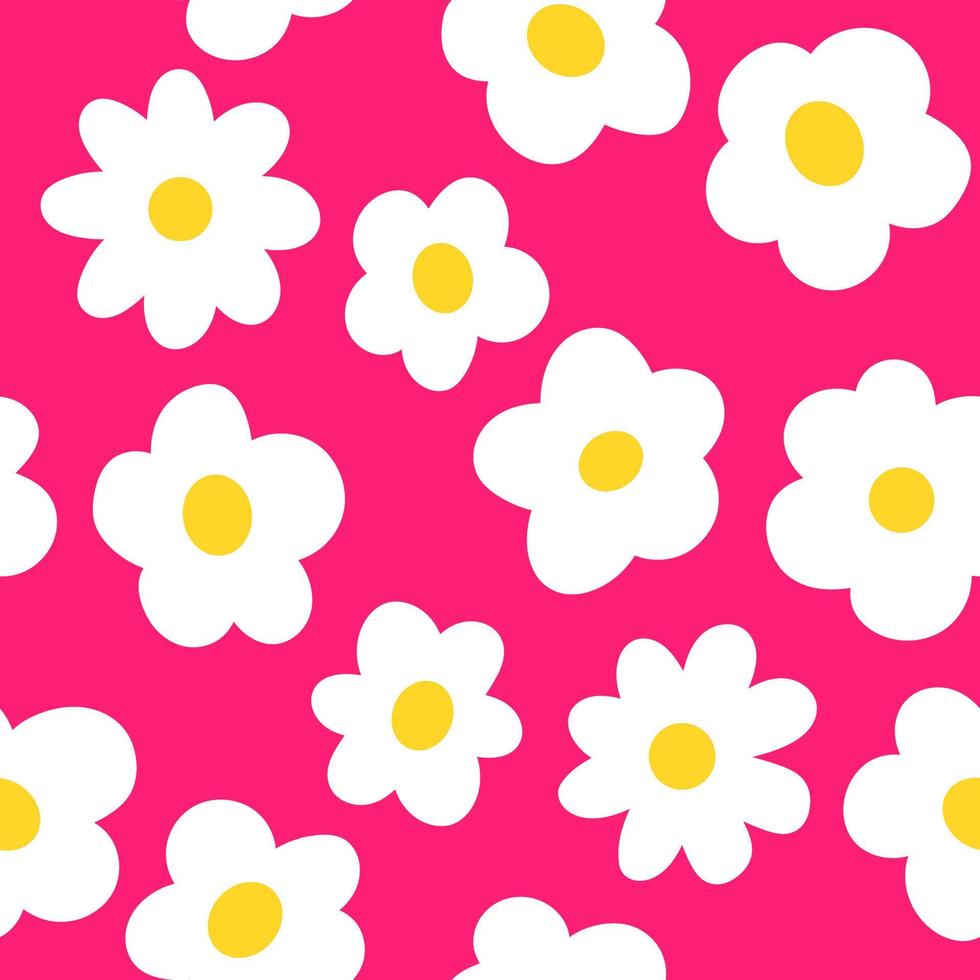 Kids Cartoon Flowers on Magenta Background, Vibrant Colors Vector Seamless Pattern. Simple Modern Abstract Summer Floral Print Design.