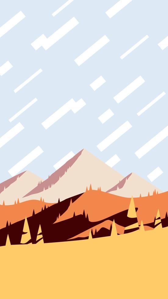 Fall Season at the Mountains, Flat Design Vertical Poster Artwork. Autumn Sunset Over The Yellow Hills Poster, Stories 9x16 Vector Illustration.