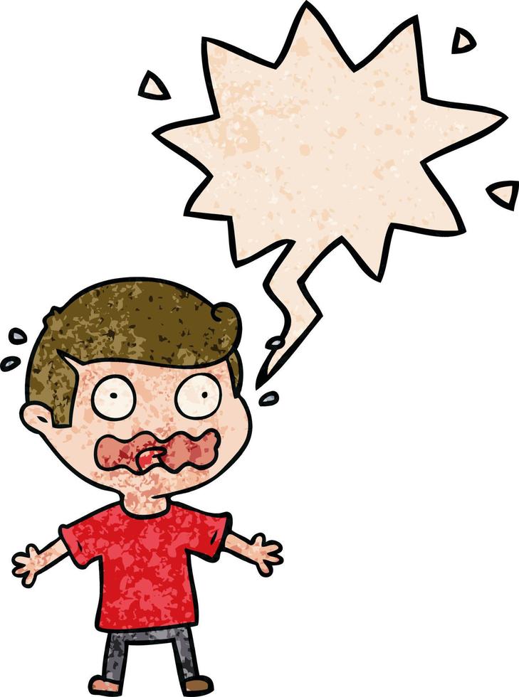 cartoon man totally stressed out and speech bubble in retro texture style vector