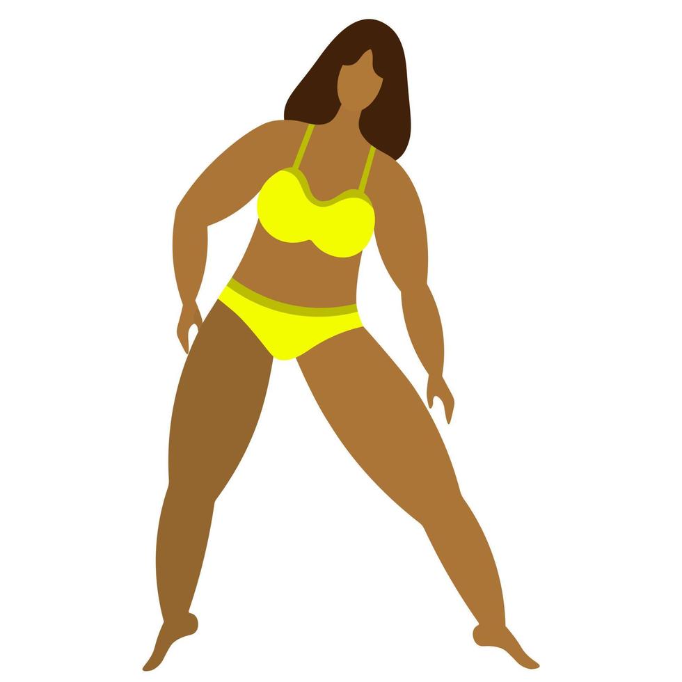 A Latino American girl is engaged in gymnastics. Body positive. Vector illustration. Isolated white background. Lady with bob hairstyle. Woman in yellow bikini. Flat style. Love for your body.
