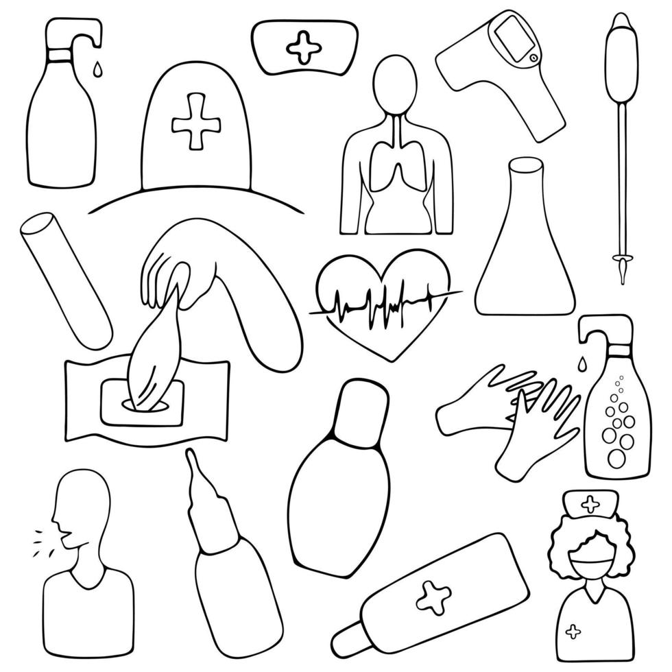 Medical set. Collection of healthcare elements for web design. Vector illustration. Coloring book for children. Contour on an isolated background. Health topics. Doodle style. Sketch.