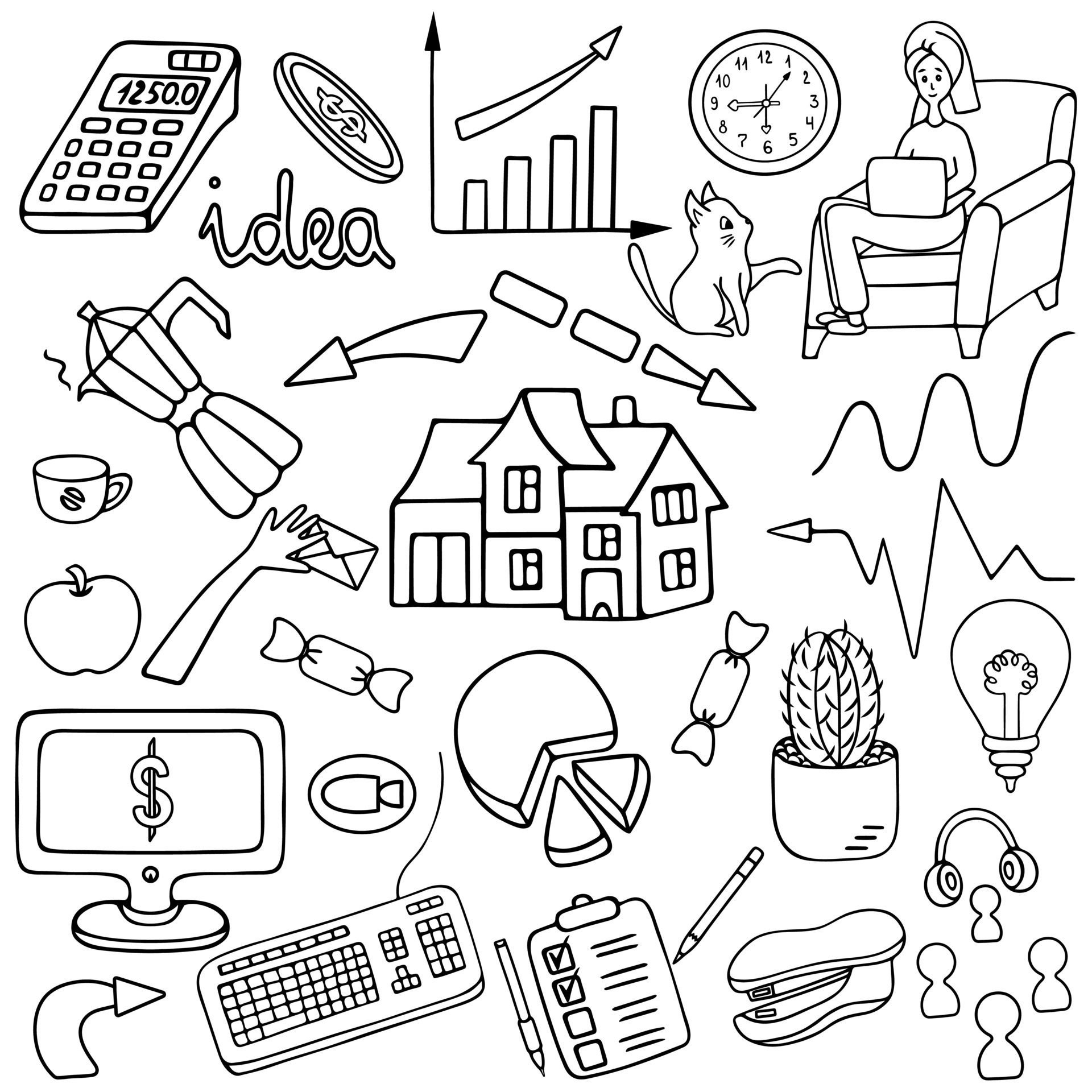 Work online. Home Office. Set of vector elements. Contour on an isolated white  background. Doodle style. Sketch. Coloring book for children. Business  collection. Lettering. Stay at home. Distance. 10635070 Vector Art at