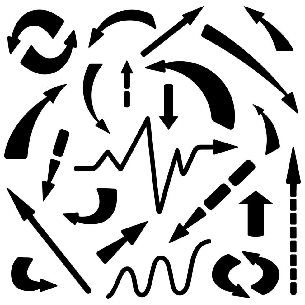 Arrows. Silhouette. Vector set. Collection of pointing signs. Guide characters are black. Outline on isolated background. Illustration for web design, instructions.