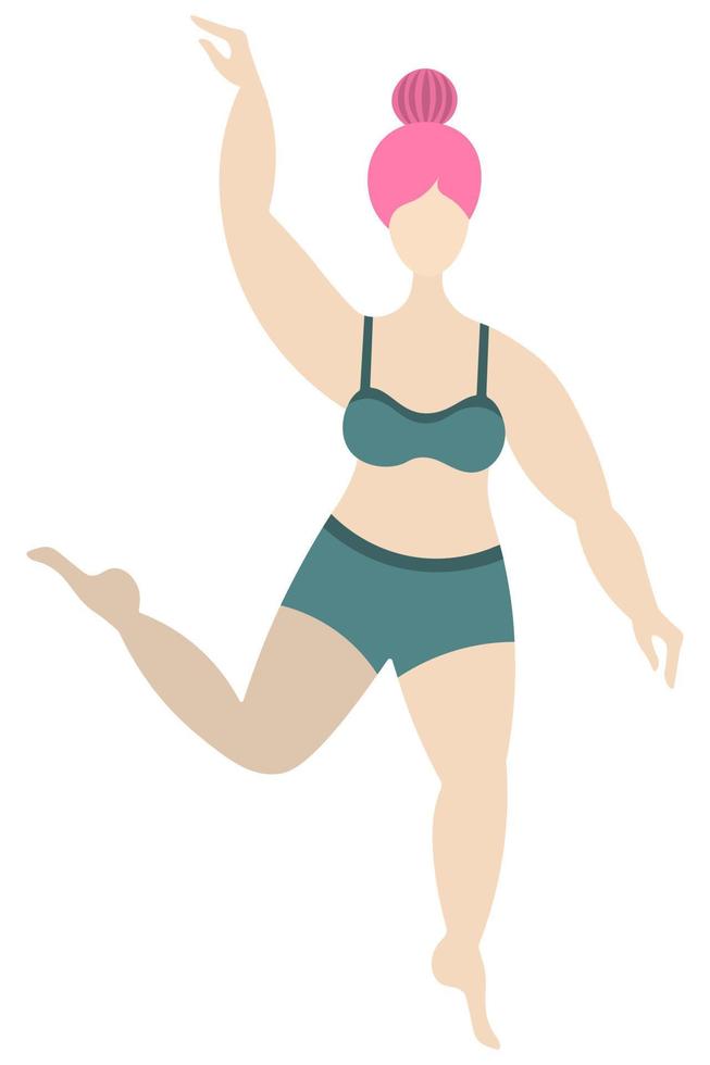 Girl dancing. Body positive. Lady with pink hair in a bun. Vector stock illustration. Isolated white background. Attractive overweight woman. Confident lady in sportswear. Flat style. Plus size model.