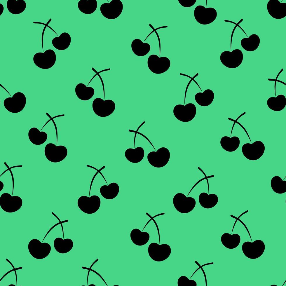 Cherries. Silhouette. Repeating vector pattern. Outline on an isolated green background. Flat style. Seamless berry ornament. Sweet fruit from the farm. Idea for web design, packaging, wallpaper.